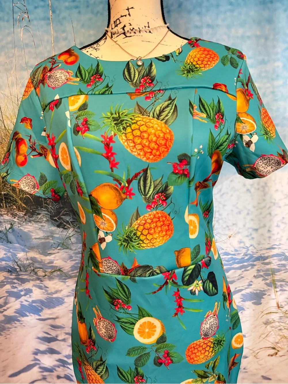 New York & Company Turquoise Pineapple & Citrus Print Midi Dress